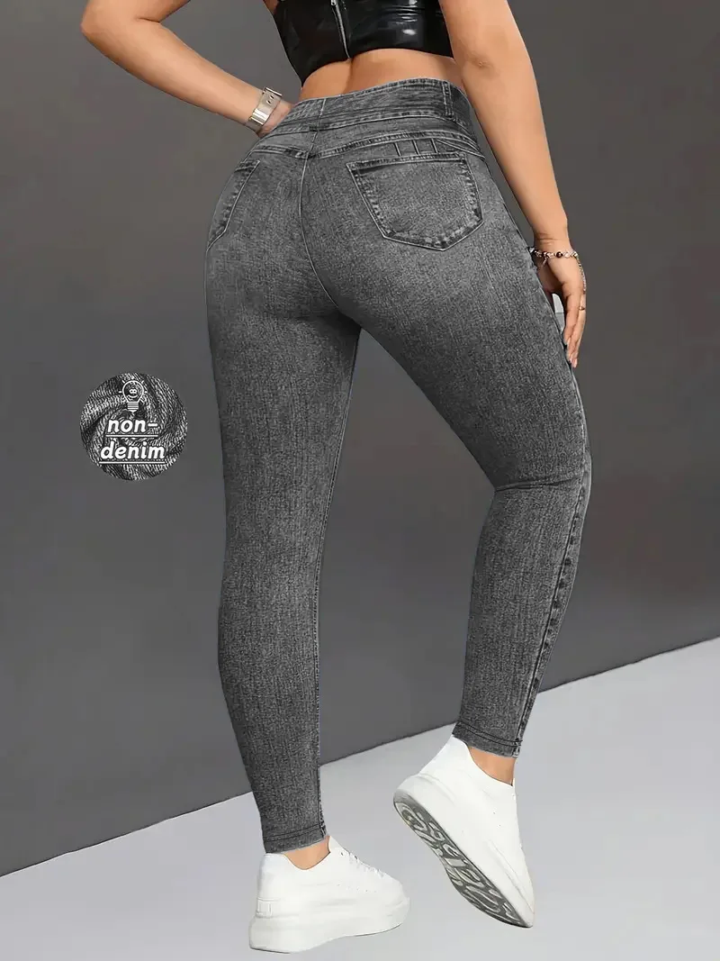 Damen High-Waist Hose in Denim-Optik, Slim Fit, Elastischer Bund, Bauchkontrolle, Po-Lifting, Lässige Hose – Detail 8