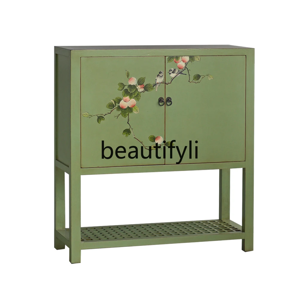 

New Chinese solid wood painted hand-painted door multi-layer storage cabinet entrance decorative cabinet dining side locker