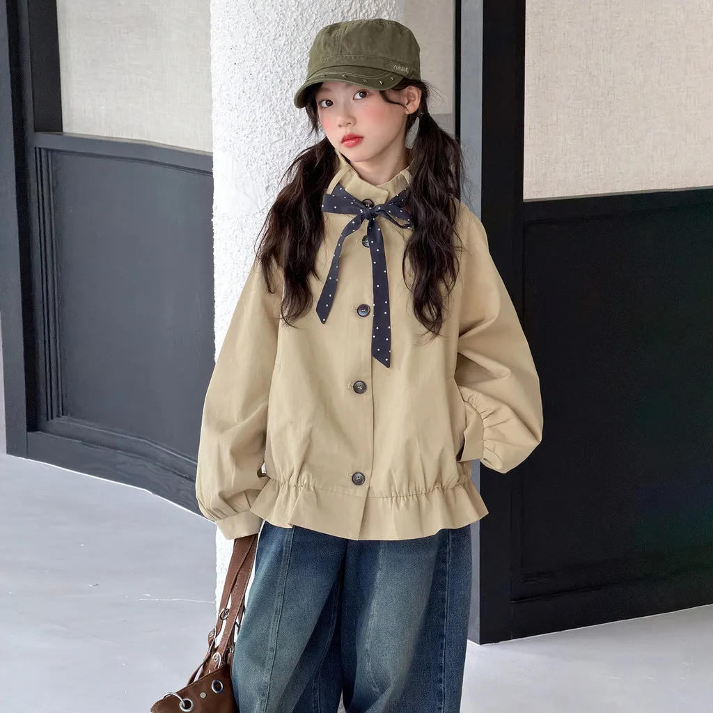 Girls Jacket Autumn Polka Dot Bow Khaki Stand Collar Children Coat