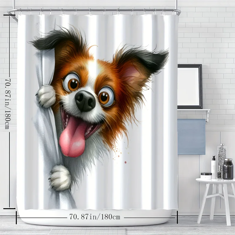 Cute Puppy Print Shower Curtain with Hooks - Waterproof, Machine Washable Polyester Fabric for All Seasons - Perfect Bathroom De