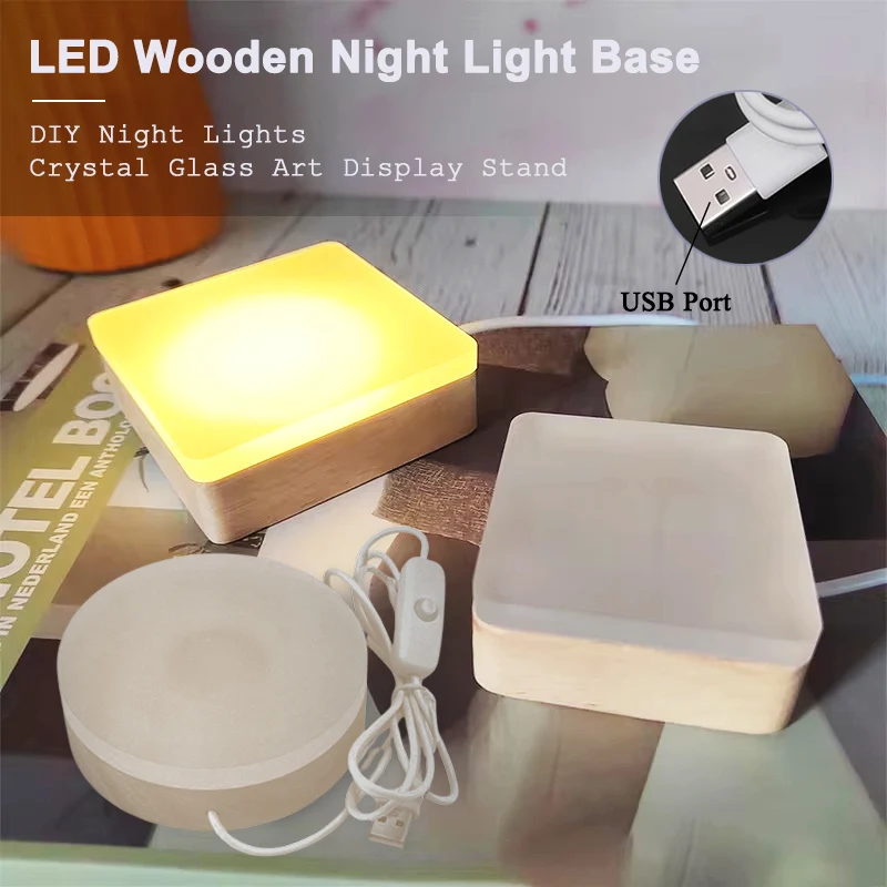 8/10CM Acrylic Diffusion Board Wood Luminous Lamp Holder Glass Crystal Art Display Stand USB Interface LED Night Light Base