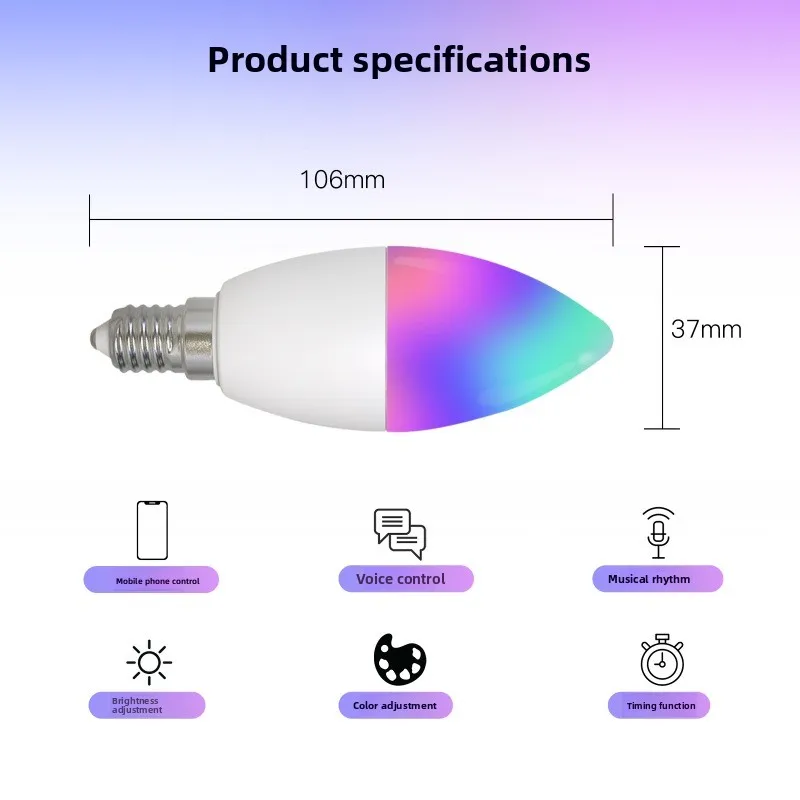 ضوء شمعة LED للمنزل الذكي WiFi Tuya: 6 وات، يتم التحكم فيه بالطبيقات والصوت، وظيفة التوقيت، لمبة ذكية لمزامنة الموسيقى RGB