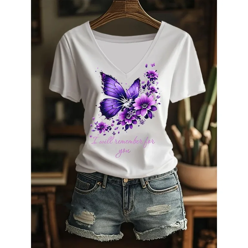 Women's Fight ALZ Print T-Shirts Summer V Neck T Shirt Short Sleeve Tops Casual Loose Tees