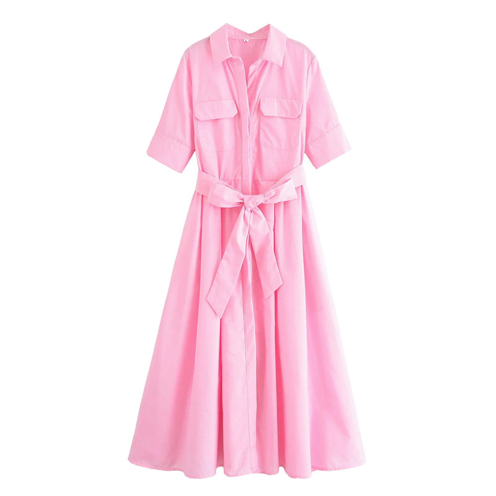 HH Vrouwen Zomer Revers Korte Mouw Pocket Single-Breasted Riem Versieren Midi Jurk Vrouwelijke Mode Shirt Stijl Geplooide Jurk