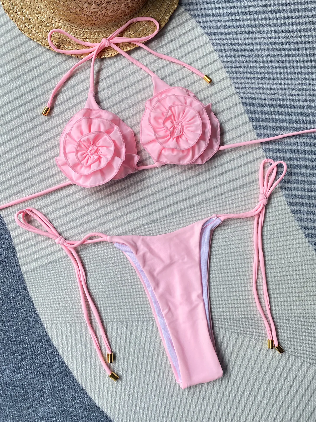 Sexy Halter Flowers Mini Micro Thong Bikini Women Swimwear Female Swimsuit Two-pieces Bikini Set Bather Bathing Suit Swim