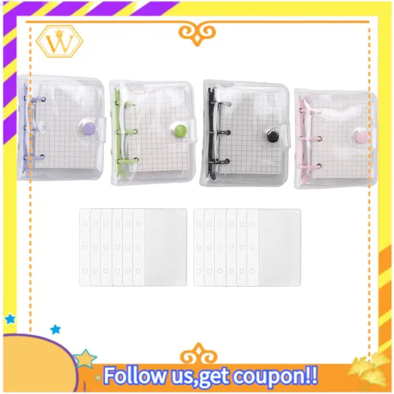 Latest-4 Pack Mini Transparent 3 Ring Binder Covers With Grid Inner Page And 12 Pcs Binder Pockets(3 Pcs/Set)