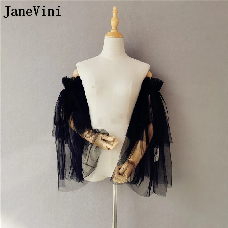 JaneVini-Bolero de malla de tul negro para novia, chaqueta de boda desmontable hacia arriba y hacia abajo para vestido de novia, envolturas de Chal