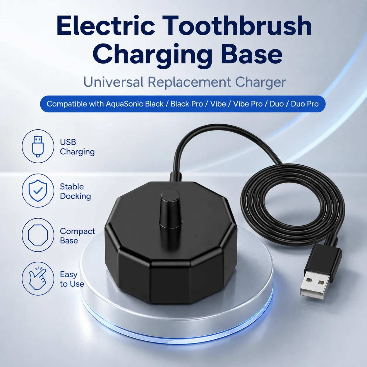 Electric Toothbrush Charging Base USB Replacement Charger for AquaSonic Black Black Pro Vibe Vibe Pro Duo Duo Pro Charging Dock