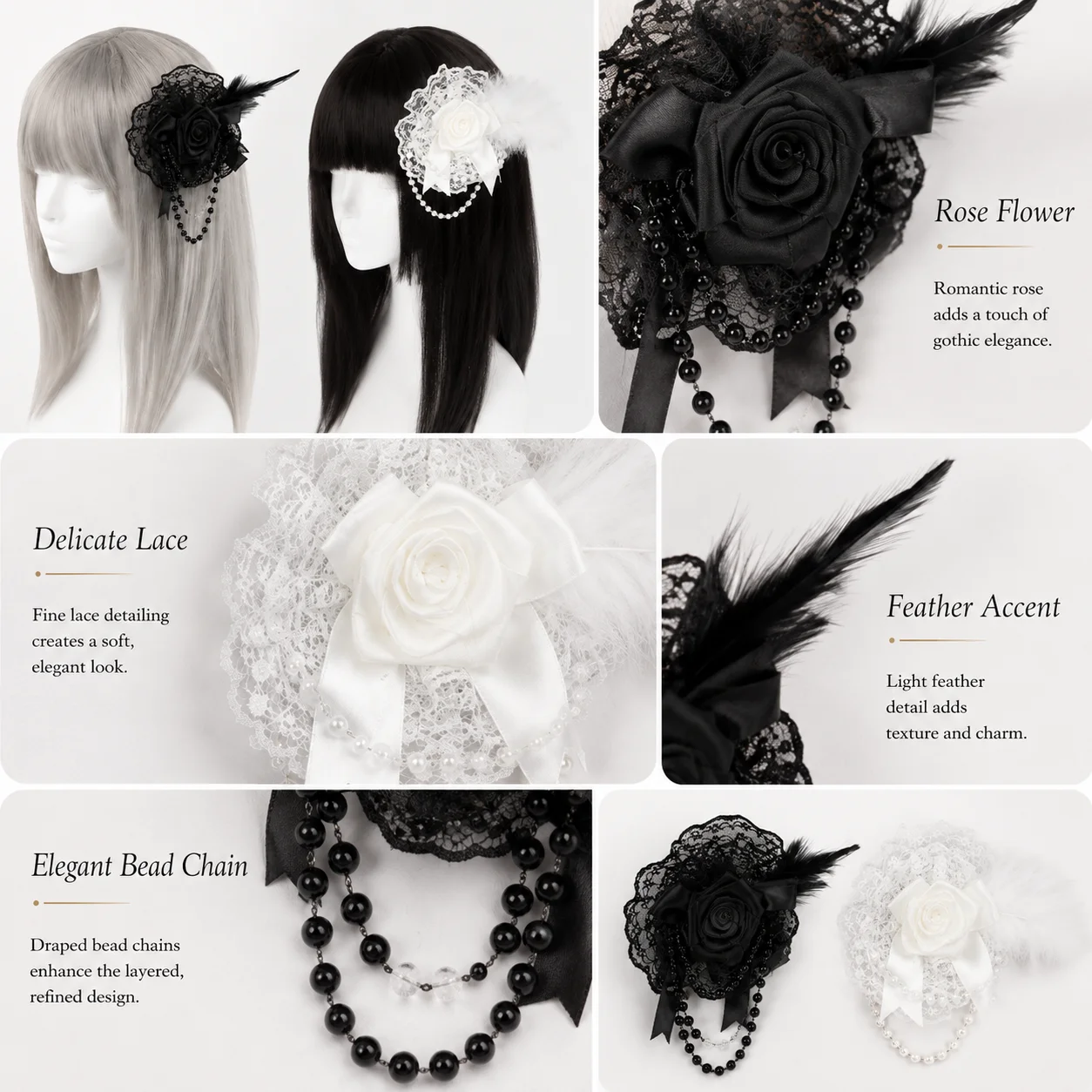 Vintage Gothic Rose Lace Hair Clip with Feather Pearl Chain, Lolita Style Elegant Headwear for Women Cosplay Party