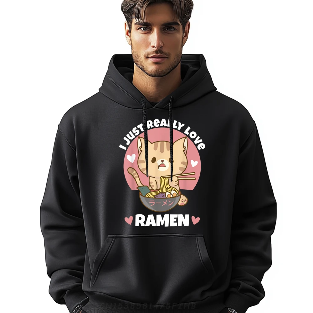 

Kawaii Cat Eating Ramen Noodle I Just Really Love Ramen Neko Brand Clothing Men's Polyester Fiber Hoodie National Flag Day