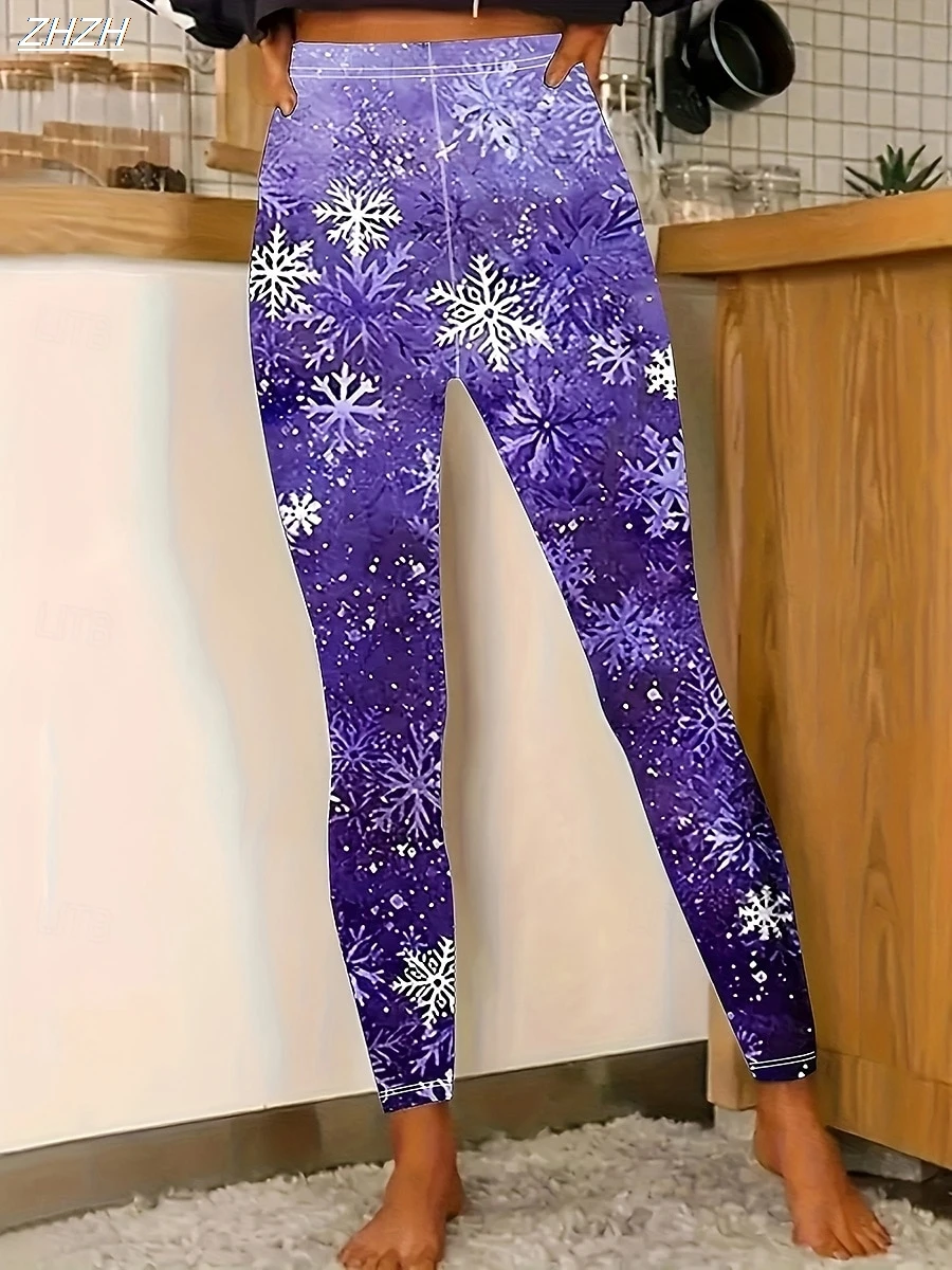 Women's Leggings 2025 Christmas Snowflake Graphics Outdoor Trousers Polyester Spandex Stretch Elastic Waist,Control Streetwear