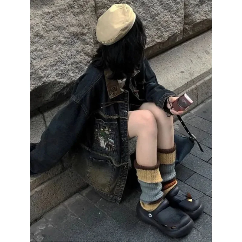 Jaket Jeans Bordir Kartun Musim Semi Mantel Rumbai Kasual Longgar Estetika Y2k Ritsleting Wanita Atasan Grunge Kancing Sebaris Harajuku