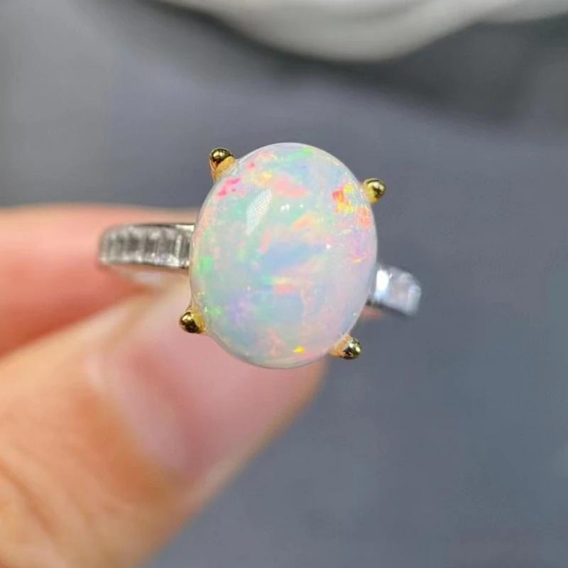 

925 Silver 100% Natural Opal Ring for Daily Wear 9mm*11mm 2ct White Opal Solver Ring with 3 Layers 18K Gold Plating