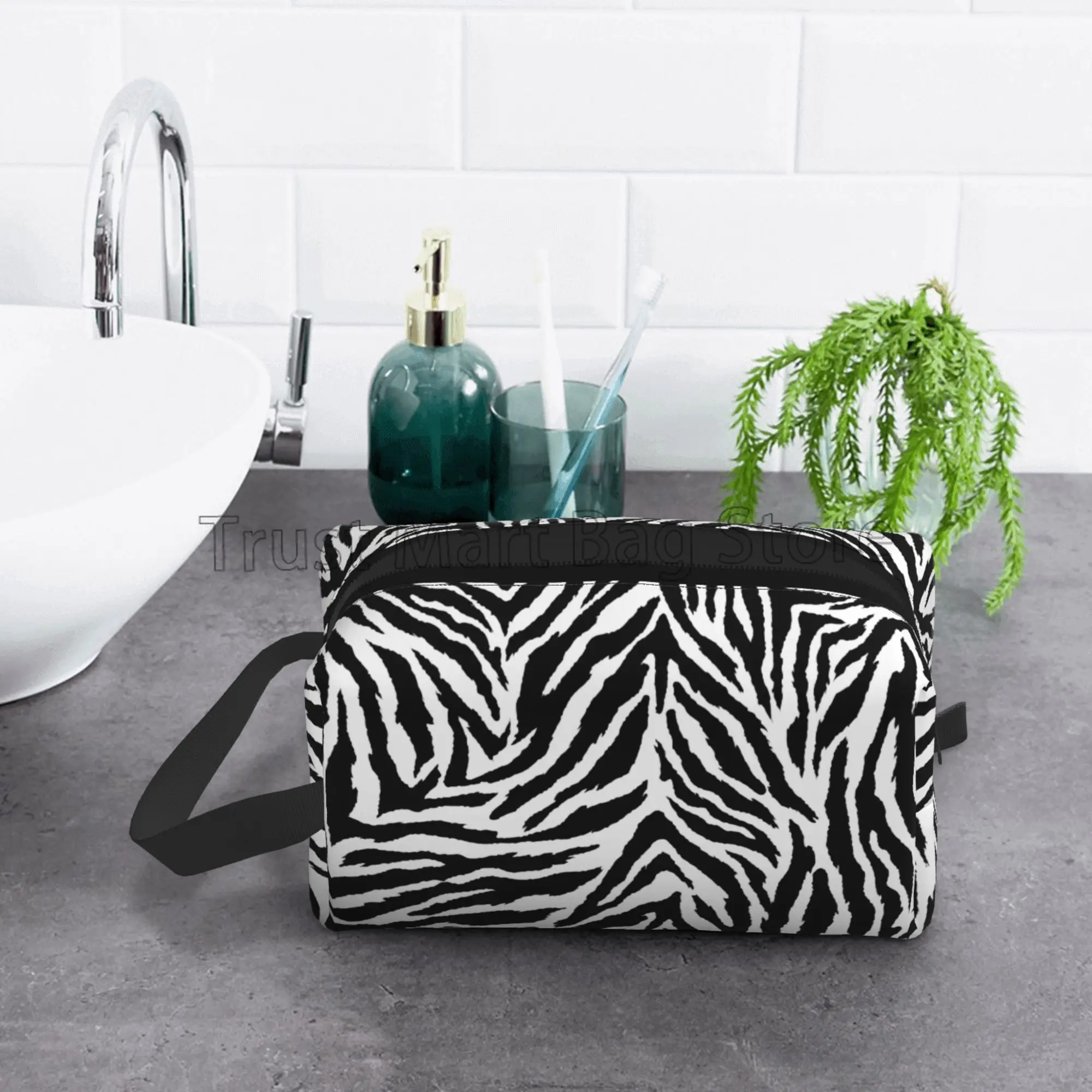 Animal Zebra Print Black White Skin Cosmetic Bag Large Capacity Handy Toiletry Case Travel Makeup Organizer for Girls Women