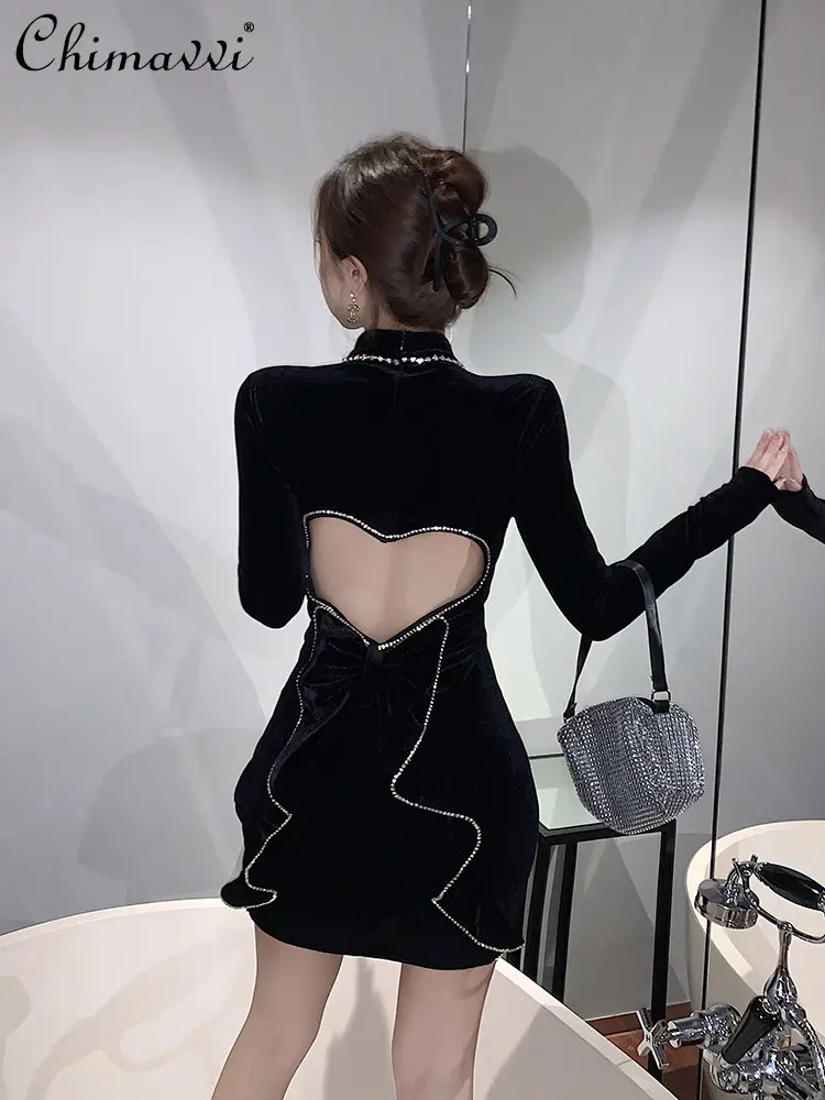 

Sexy Black Velvet Dress Spring New Fashion Design Heart Shape Diamond Backless Short Slim Fit Temperament Hip Dress for Women