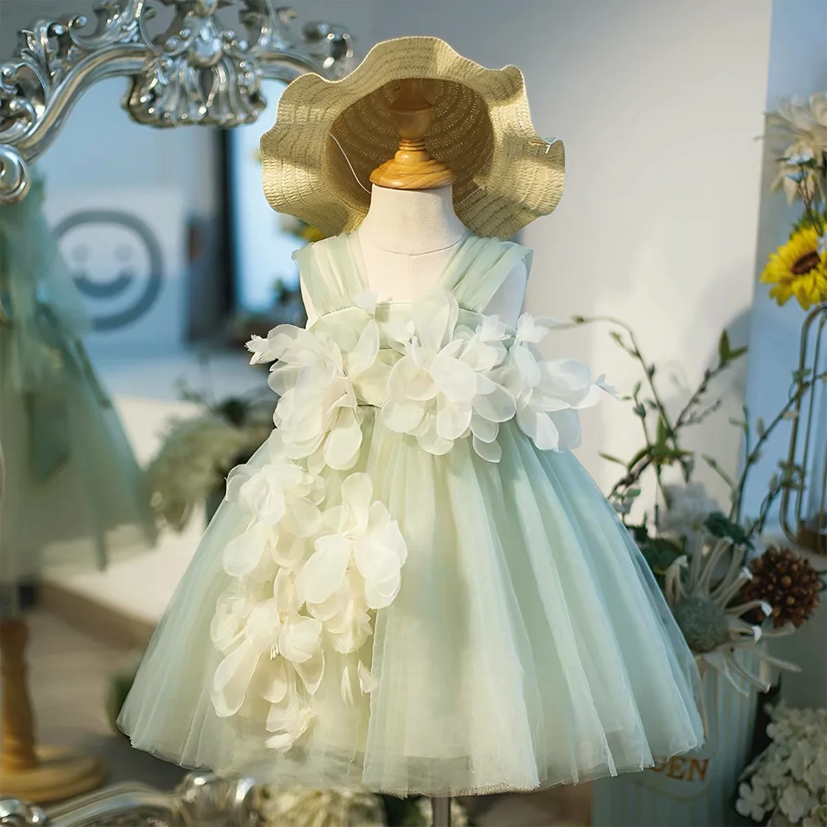 2026 Summer New Girls Dress Petal Applique Bow Mesh Princess Dress For 2 3 4 5 6 8 10 Years Girls Party Evening Costumes