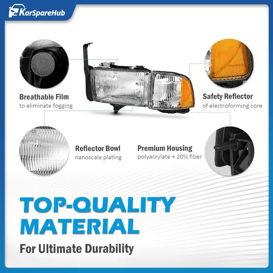 مجموعة المصابيح الأمامية لـ 1994-2001 دودج رام 1500 2500 3500 بيك اب، لـ 94-02 رام 2500 3500 مع علامة إشارة الانعطاف لوقوف السيارات الزاوية