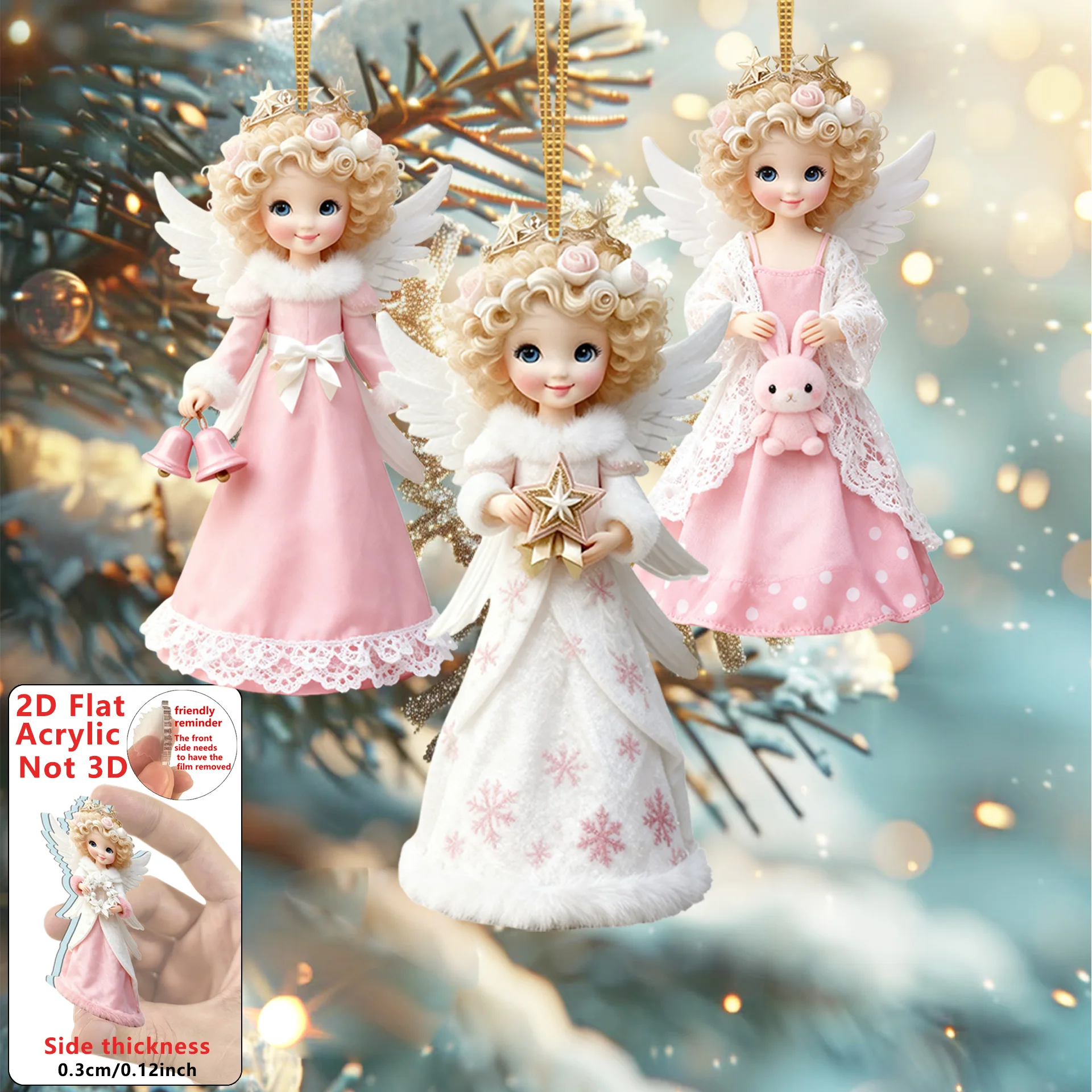 2D شقة 8 قطع عيد الميلاد الملاك الحارس الاكريليك سحر الملاك فتاة قلادة ديكور المنزل الطرف شجرة عيد الميلاد محاكاة قلادة