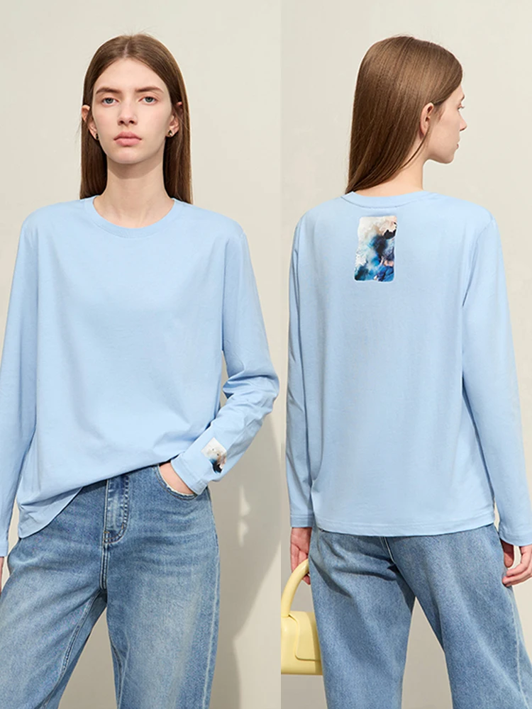 AMII Minimalist Women T-shirt 2023 Autumn Straight Cotton Long Sleeve Base Shirt New Chinese Style Printed O-neck Tees 12323151