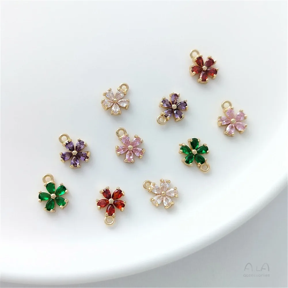 

14K Gold Inlaid Color Zircon Small Peach Blossom Five-petal Small Flower Pendant Diy Earrings Bracelet Jewelry Pendant