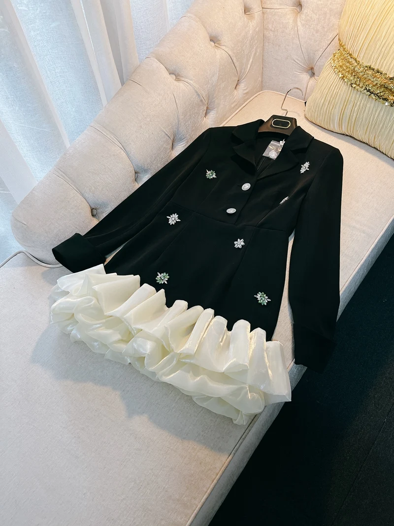 lingzhiwu Women Blazer Dress French Designer Petal Dresses Luxury Diamond Autumn Winter Top Quality Black Slim New Arrive