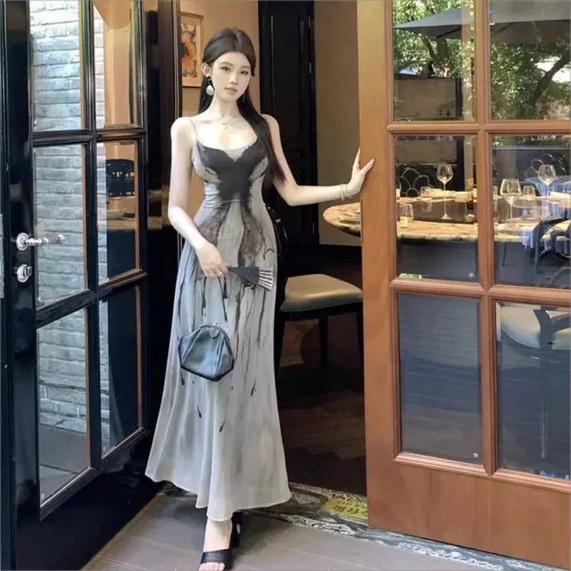 

Elegant Sleeveless Vintage Swinging Collar Chic Smudging Straps Slim Fairycore Long Dresses French Vacation High Street Clothing