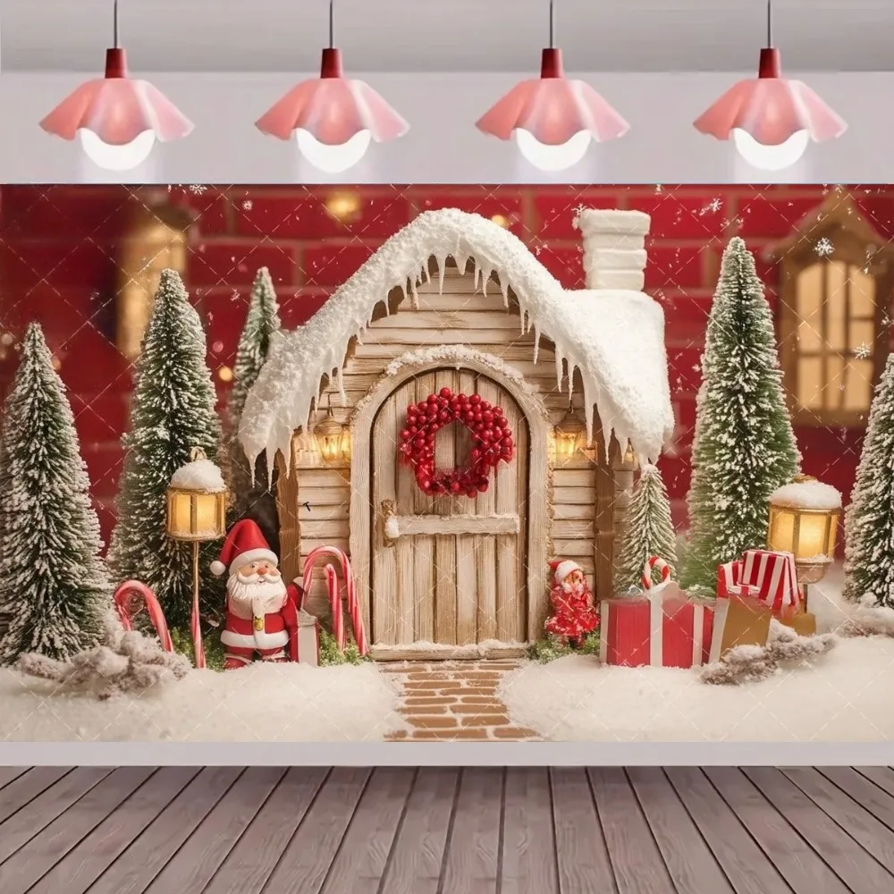 

Winter Christmas wooden house banner Backdrop, winter Christmas tree gift, family children portrait decoration shooting Backdrop
