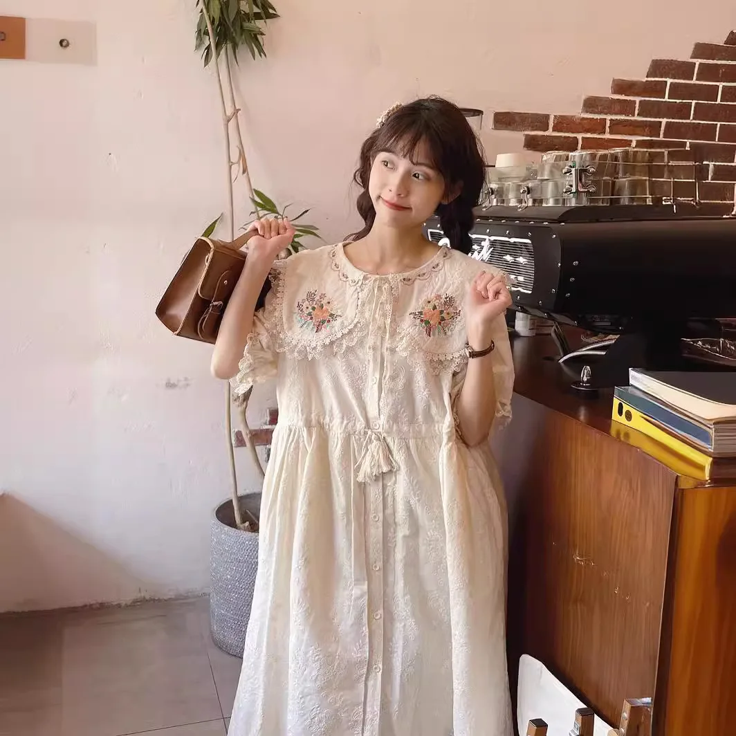 Sweet Women\'s Embroidered Flower Dress Mori Gril Doll Collar Short Sleeve Long Dresses Preppy Summer Casual Loose Vestidos Robe