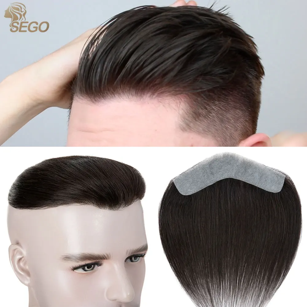 

SEGO Men Toupee Skin PU Front Hairline 100% Real Human Hair Frontal Hair Toppers Natural Replacement Straight Hairpiece 6inches