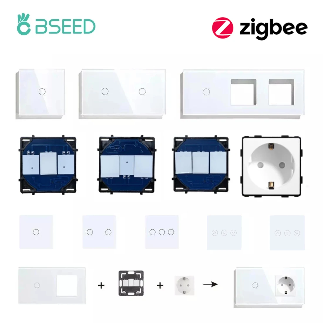 BSEED 1/2/3Gang inteligentne przełączniki Zigbee część funkcyjna szkło dotykowe Panel przedni ue gniazdo ścienne inteligentna wtyczka DIY części darmowa kombinacja
