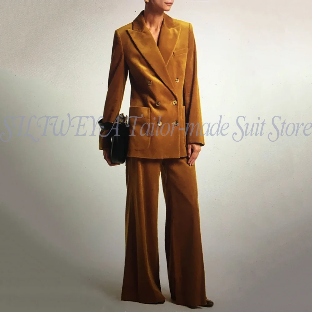 Luxury Fall Spring Women's Velvet Suit 2026 New Style Smart Casual Office Double Breasted 2 Pieces Suits Jacket+Wide-leg Pants