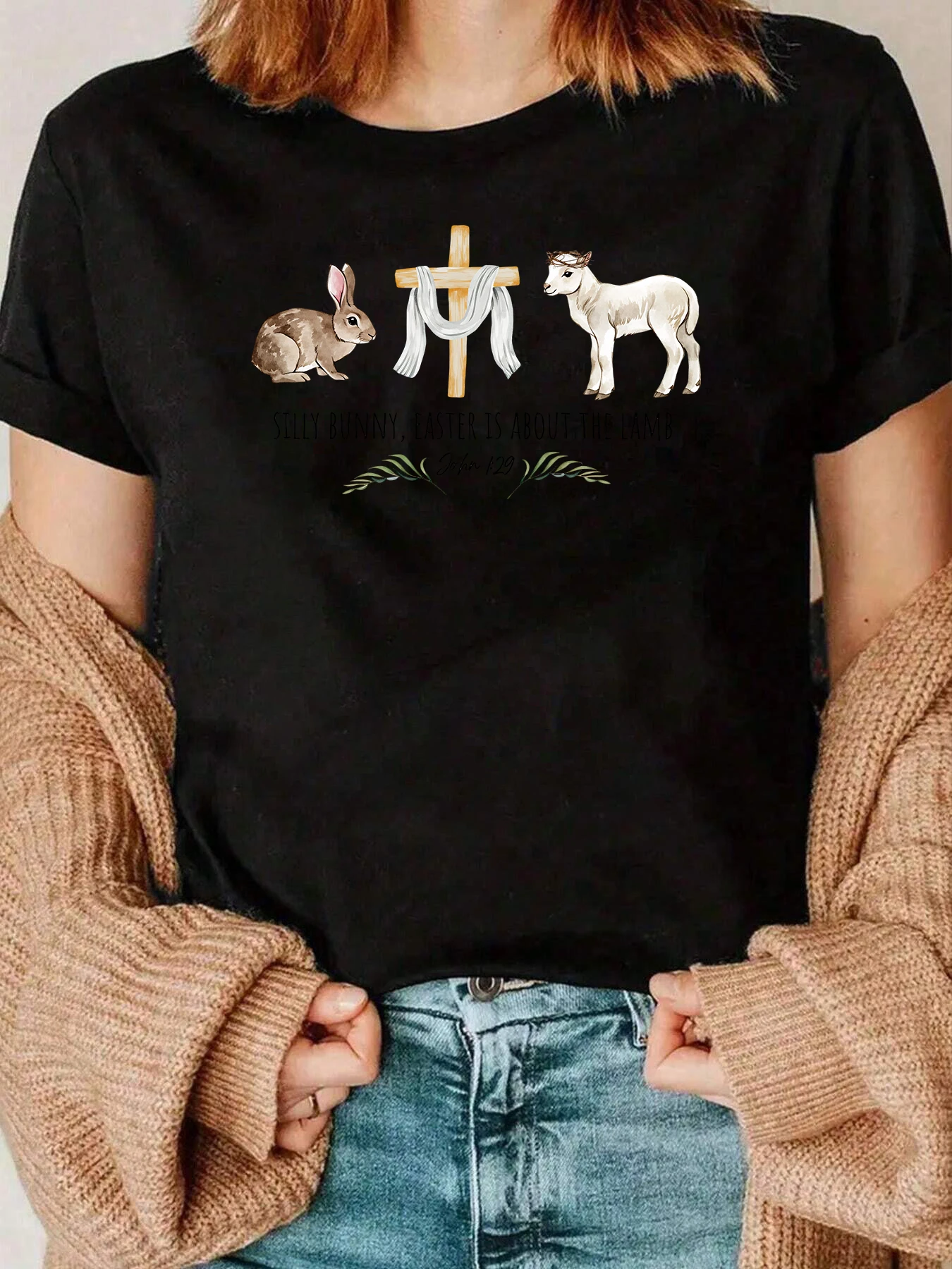 Osterhase Lamm Kreuz Print T-Shirt Ostern Urlaub Freizeitkleidung Damen 220g