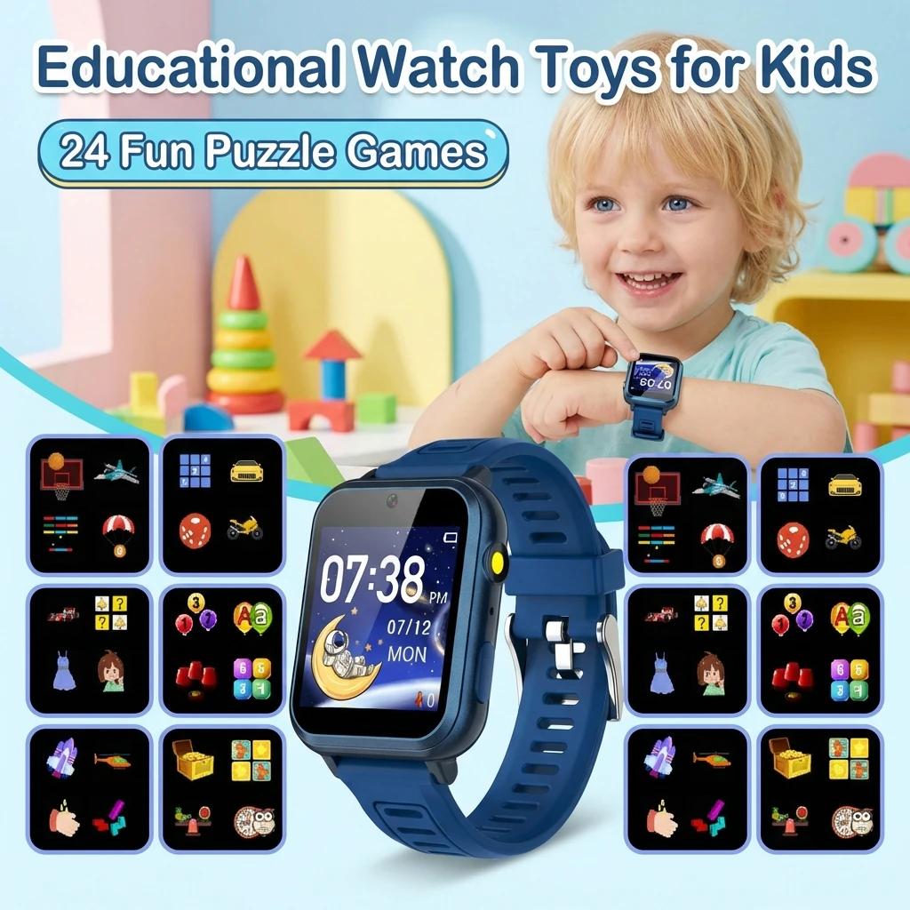 

Детские умные часы, 24 игры, воспроизведение музыки MP3, шагомер, фитнес-трекер, отображение времени, запись видео и аудио, фонарик, подарки для мальчиков и девочек