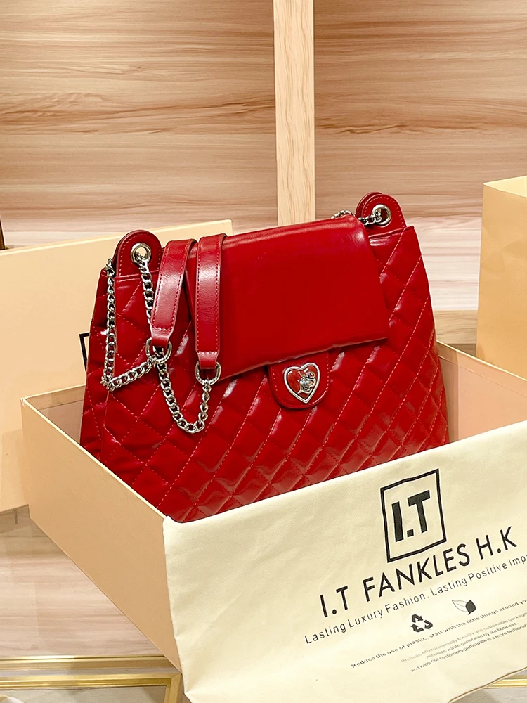 

New leather large-capacity diamond tote bag red wedding bridal bag shoulder messenger bag