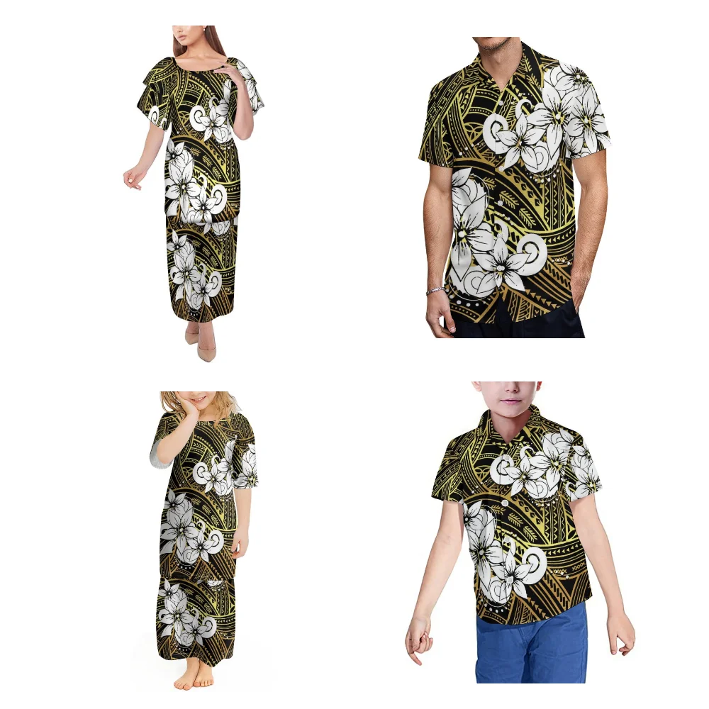 Abbigliamento per la famiglia personalizzato in stile tribale polinesiano Set per le vacanze da viaggio Abito Puletasi per madre-figlia Camicia casual per padre e figlio