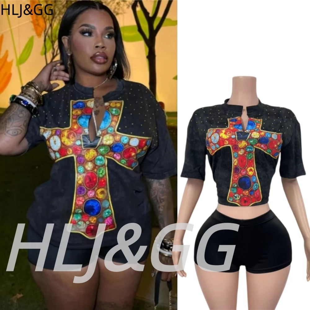 HLJ&GG Black Y2K Fashion Retro Diamond Oversized Tshirts Two Piece Sets Women Round Neck Loose Top And Shorts Outfits Streetwear