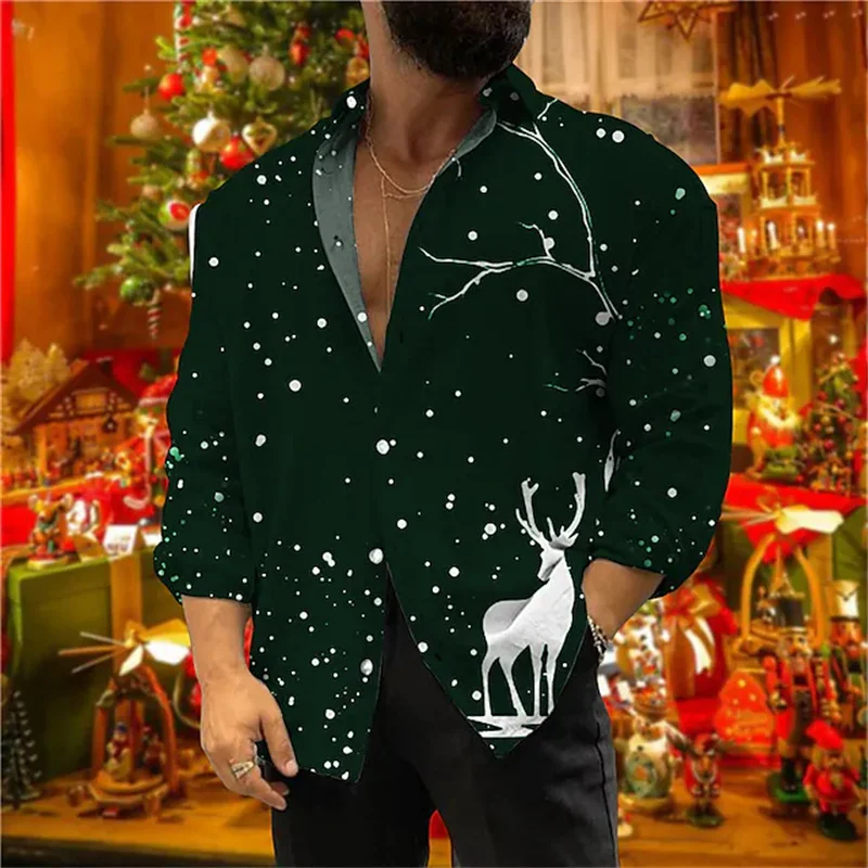 New Men's Shirt Party Style Christmas Deer 3D Printed Shirt Long Sleeve Button Lapel Top Men's New Year Christmas Shirt XS-6XL