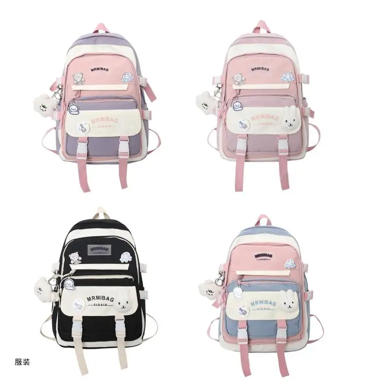 

D0UD Women's Backpack Nylon Travel Daypack Bookbag Plush Pendant Casual Daypack Girls Schoolbag for High School