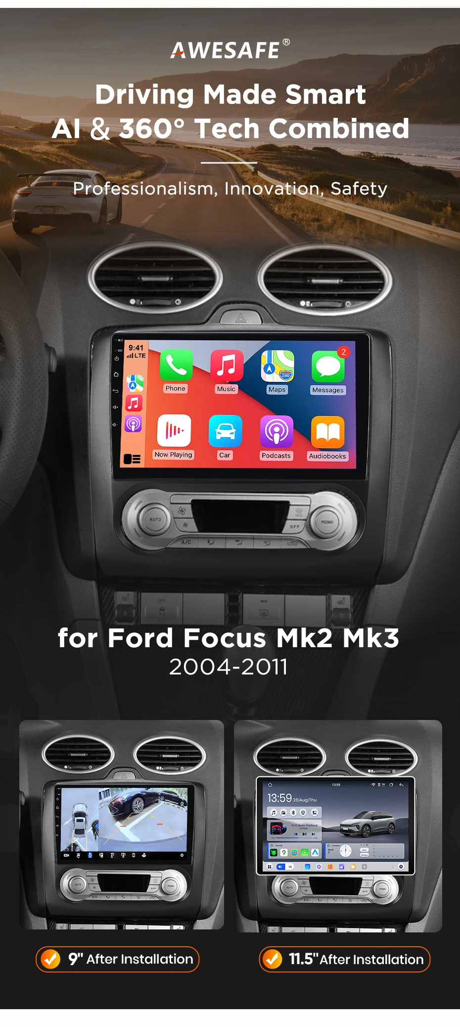 AWESAFE Kabelloses CarPlay Android Auto Radio für Ford Focus 2 3 Mk2 Mk3 2004 2005-2011 Auto Intelligente Systeme RDS GPS FM BT SWC – Detail 4
