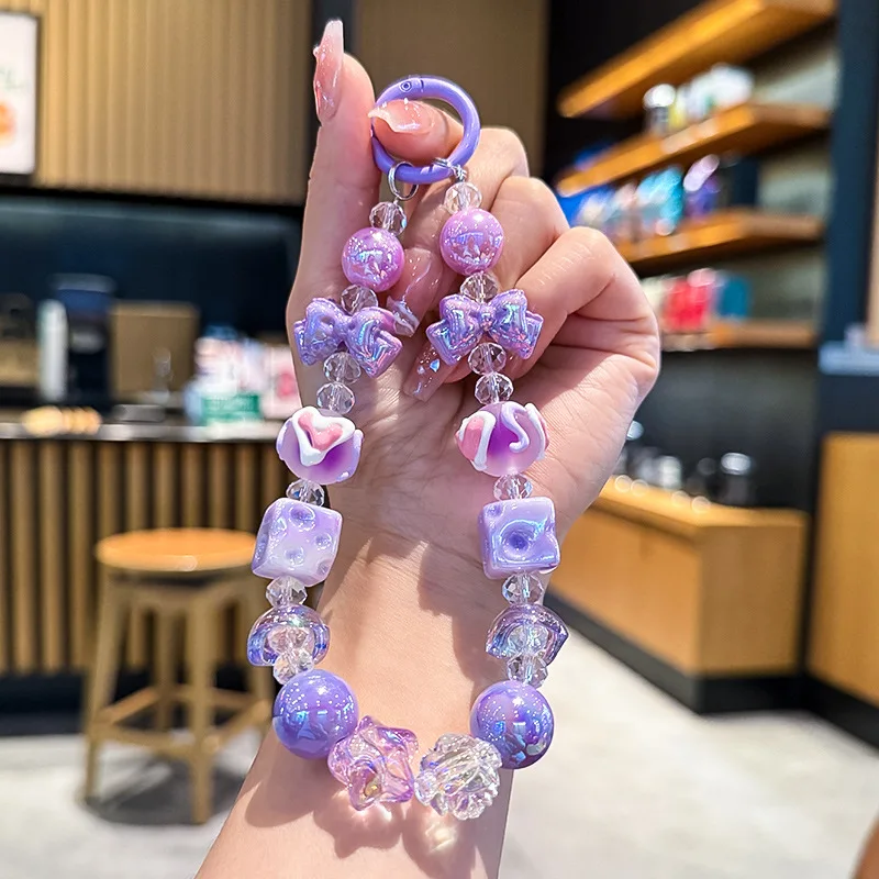 New Bowknot Cheese Beaded Phone Chain Cute Handheld Decoration for Girls Car Keychain Bag Pendant Small Gift