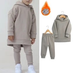 2pcs Boys Girls Children’s Fleece Clothes Outwear Sets Autumn Winter Kids Hooded Sweatshirt Tracksuit Sportwear Suit For 2-12Y