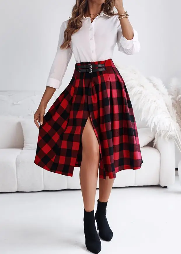 

Checkered Printed Side Slit Casual Buckle A-Line Pleated Skirt, Summer Fashion Plaid High Waist Cinched Women's Slim Slit Skirt