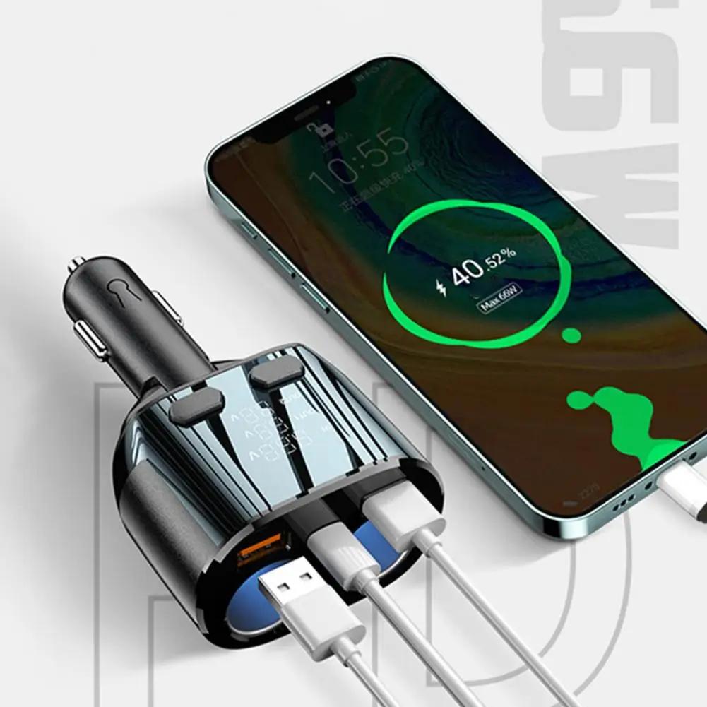 Led Voltage Display Car Charger Fast Charging 5-in-1 Car Igniting Splitter 180 Degree Rotating Auto Charger with Switch Led