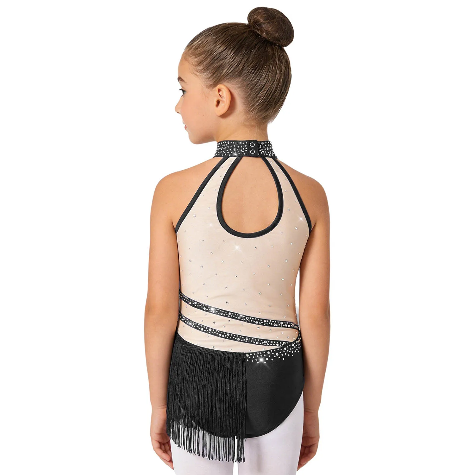 Kids Girls Tassel Latin Dance Leotard Figure Skating Gymnastics Costume Sleeveless Rhinestones Fringed Bodysuit Modern Dancewear