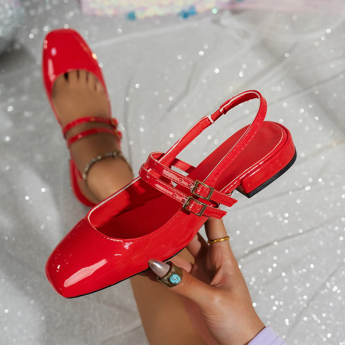 

Women Sandals Summer Shoes Woman Flats Double Buckle Mary Jane Shoes Patent Leather Dress Shoes Back Strap Zapatos Mujer