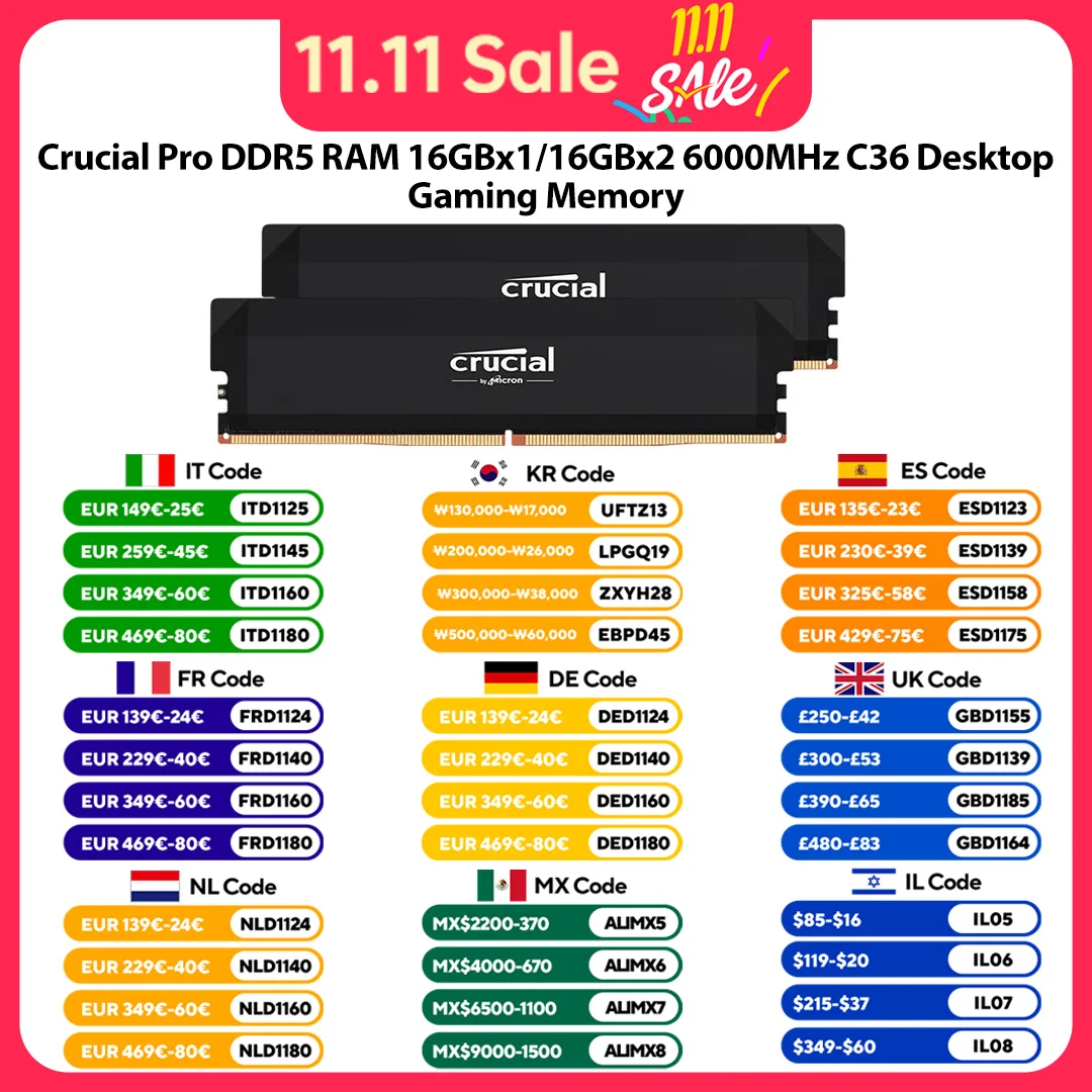 크루셜 프로 DDR5 RAM 16GBx1/16GBx2 6400MHz 6000MHz 데스크탑 게이밍 메모리 인텔 XMP 3.0 & AMD EXPO PC 게이머용
