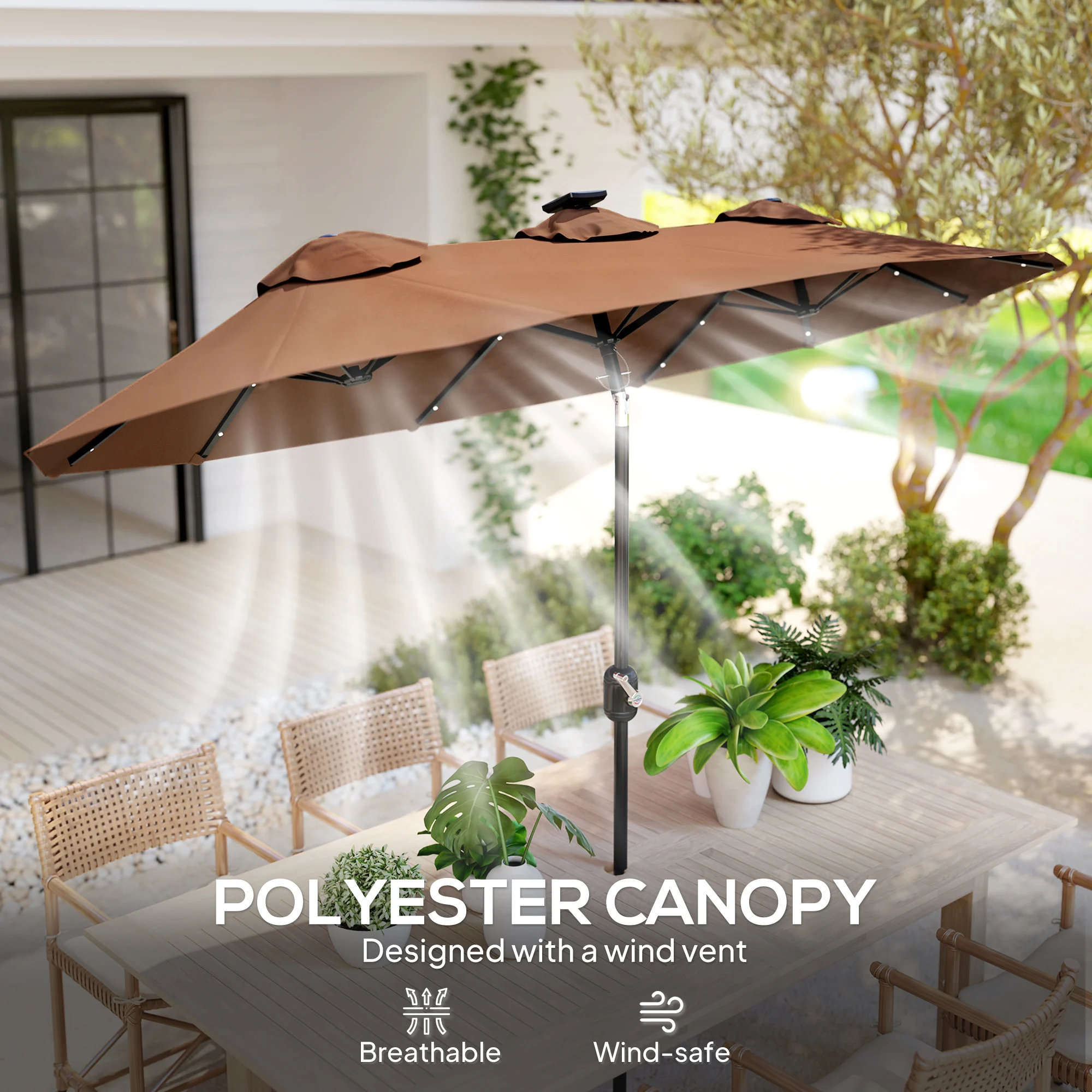 9.7' Double-sided Patio Umbrella with LED Solar Light, Tilt, Coffee image 7