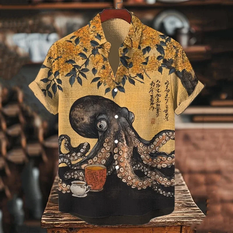 Men's Cuban Collar Short Sleeve Shirt, Japanese Osmanthus Octopus Retro Print Blouse, Casual Vacation Beach Top
