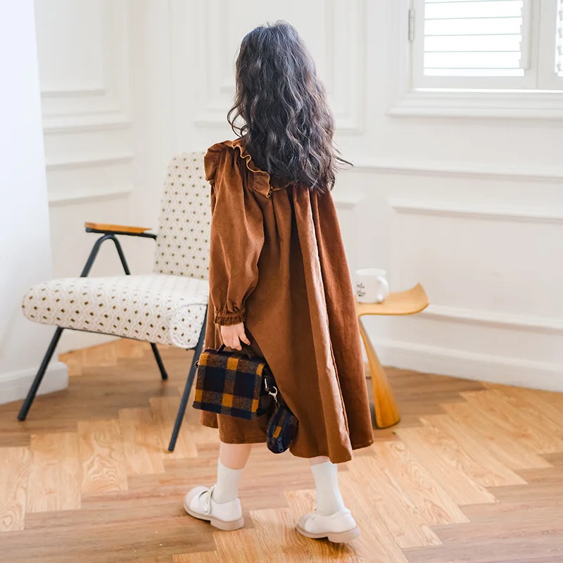 الخريف الشتاء فتاة صغيرة طويلة الأكمام تكدرت المخملية فستان الأطفال فتاة لون نقي الرجعية فستان كاجوال فتاة المدرسة فستان سميك #2