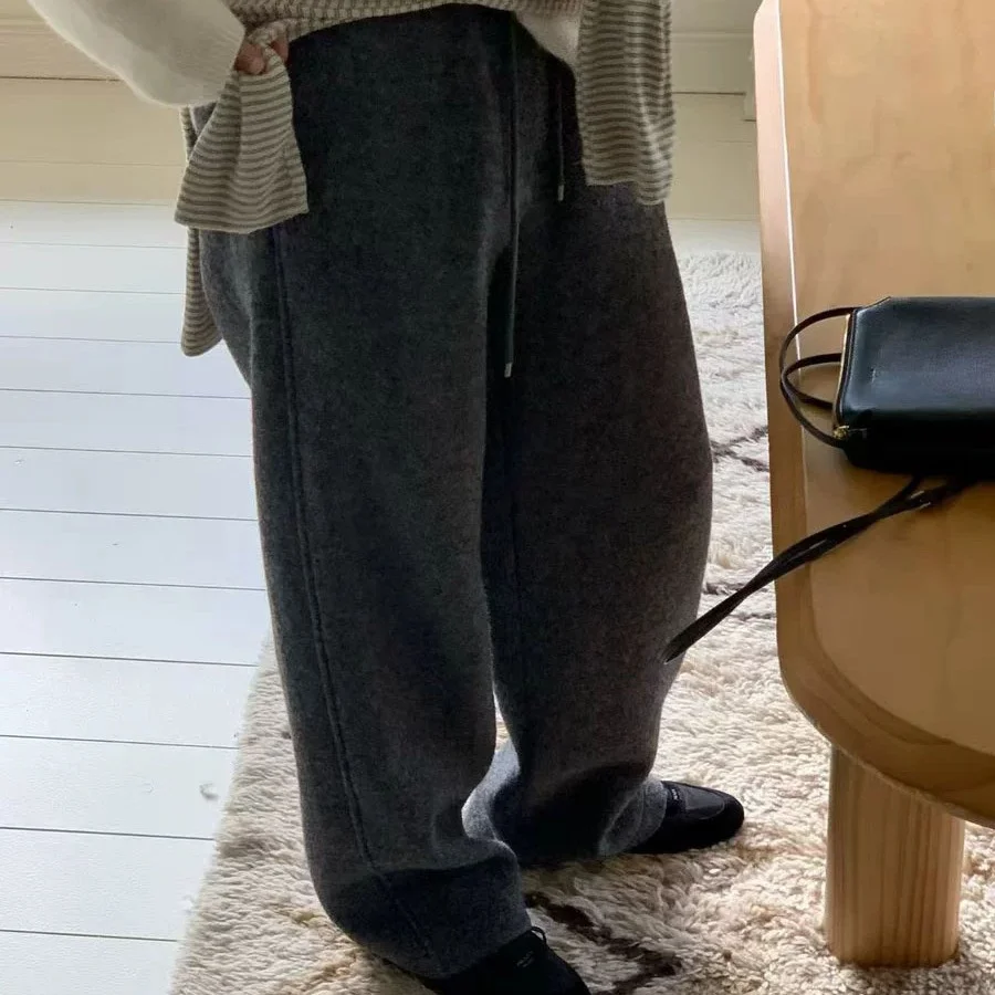 Luźne wełniane spodnie damskie z wysokim stanem i szerokimi nogawkami w stylu koreańskim, z elastyczną gumką w pasie i sznurkiem, długie spodnie wyszczuplające.